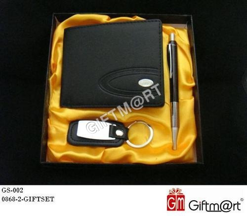 Gift Set With Wallet - Metal, Square Design | Black and Silver, High-Quality Leather, Includes Wallet, Pen, and Keychain