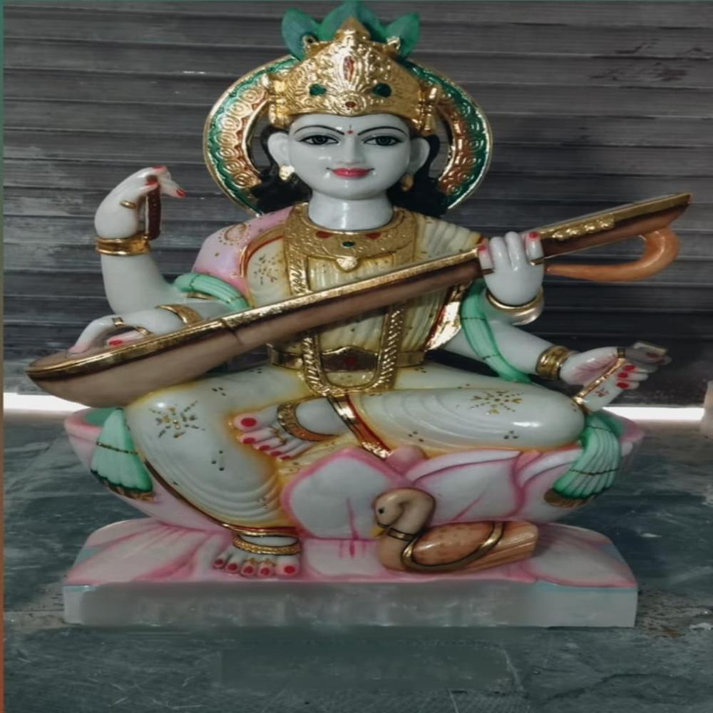 3 Feet Handmade Marble Saraswati Idol - Product Type: Statues
