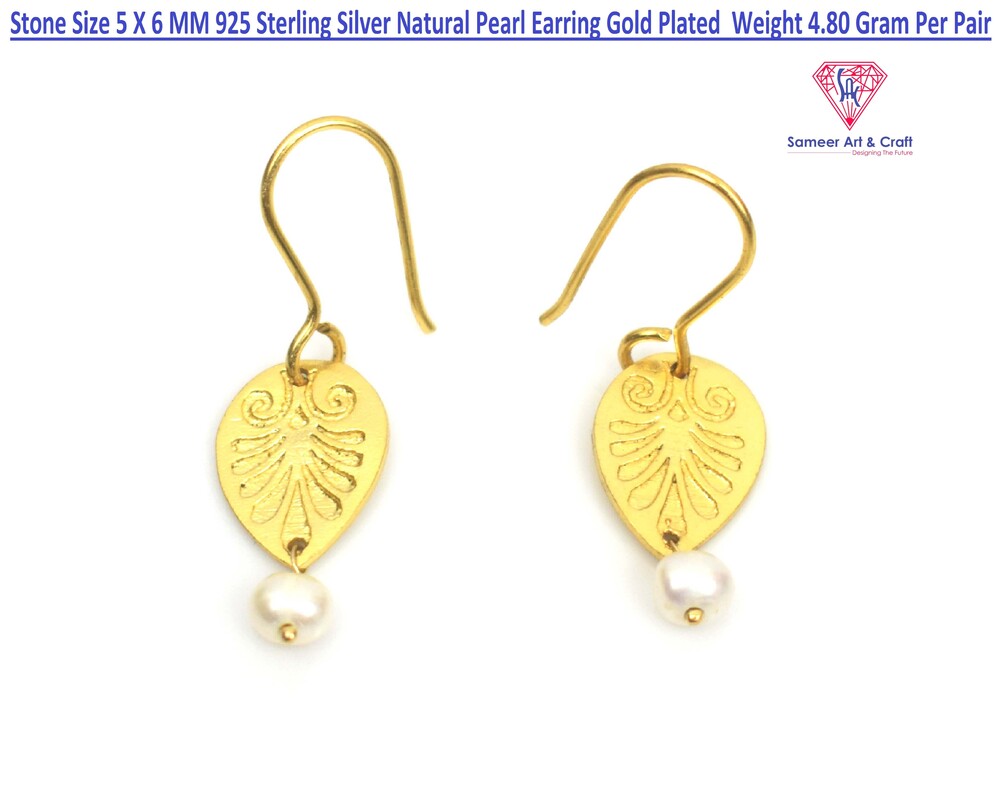 Natural Pearl Earring 925 Sterling Silver With Gold Plated Round Shape