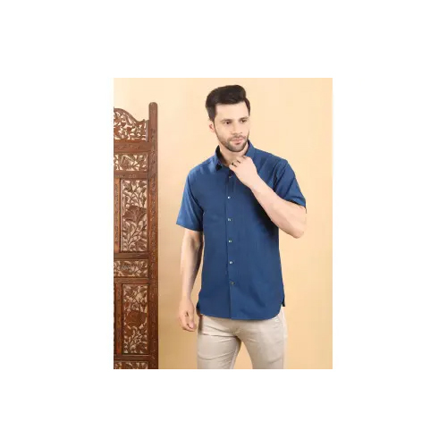 Solid Blue Cotton Half-Sleeves Shirt