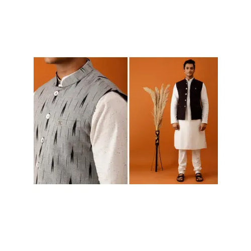 Black Ikat-Inspired Print Nehru Reversible Jacket