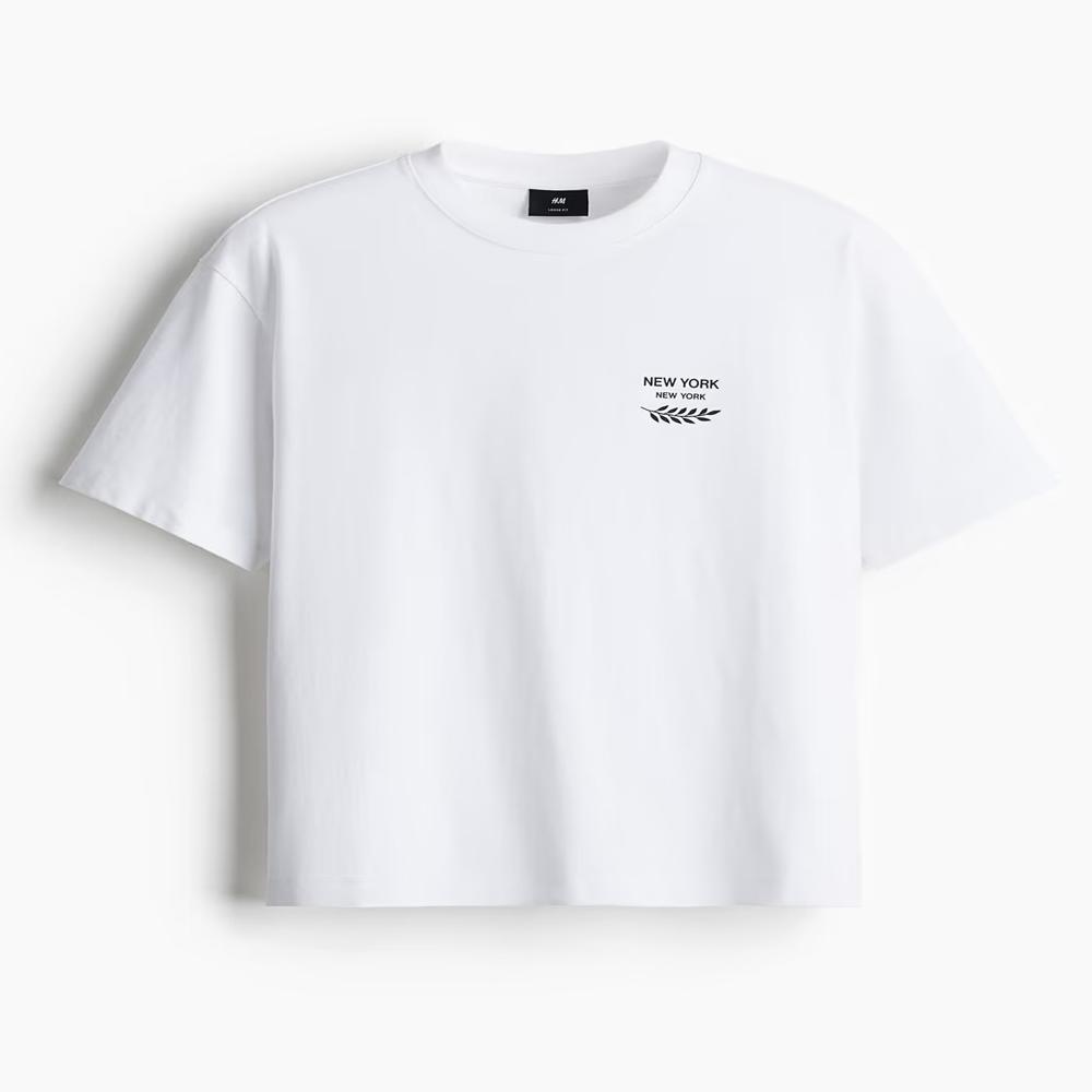 M11433 H&M Mens Printed Boxy Fit White T-Shirts