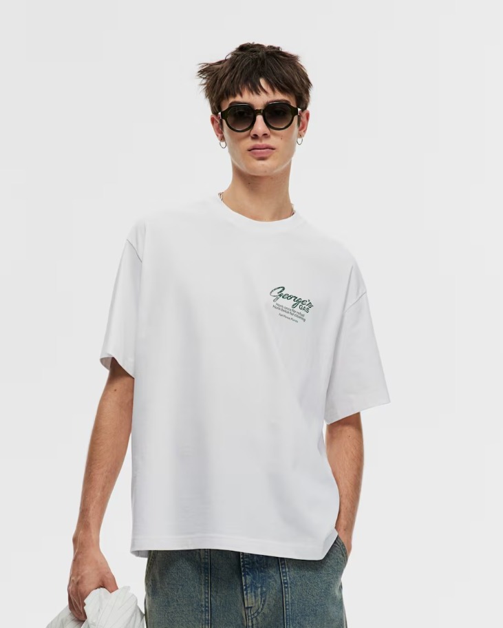 M11433 H&M Mens Printed Boxy Fit White T-Shirts