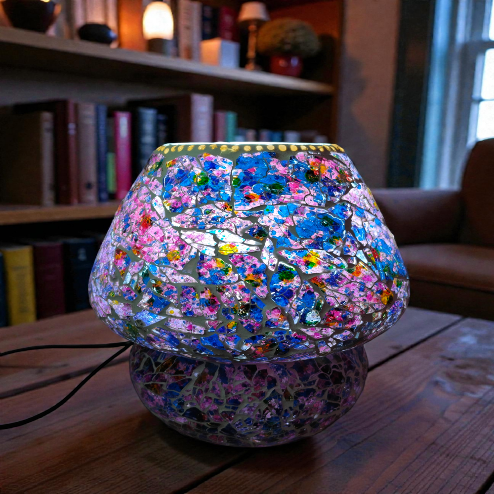 Tuffen Glass Table Lamp | Mushroom Shape Tuffen Glass Table Lamp | Glass Table Lamp | Tiffany Lamp - Color: Multicolor