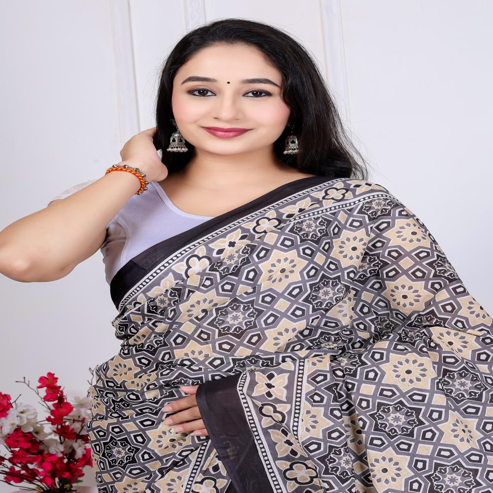 Ajrakh Printed Cotton MulMul Saree