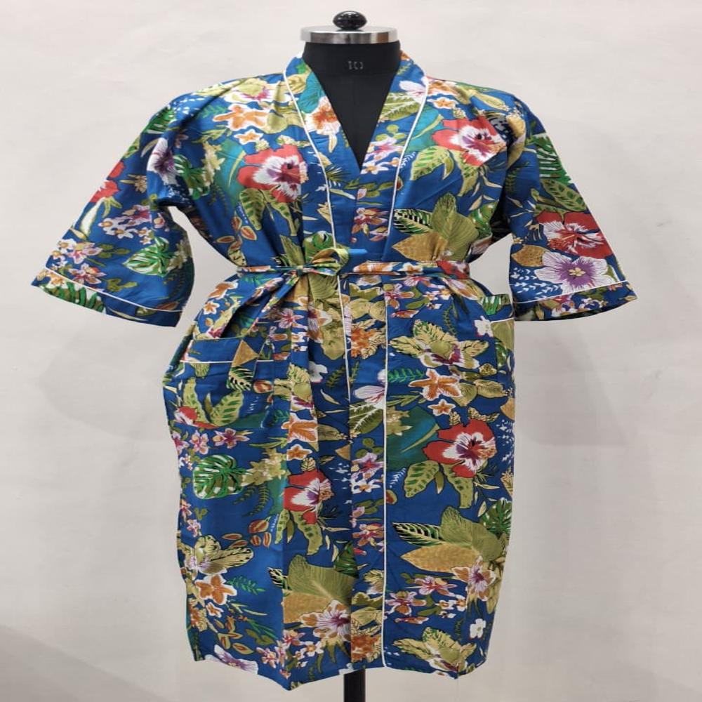 Hand Block Printed Bathrobe - Belt Size: Free Size