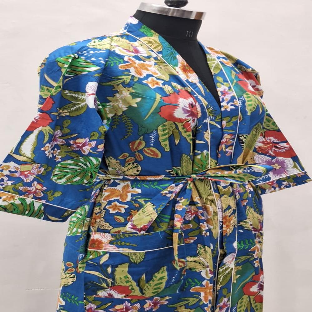 Hand Block Printed Bathrobe - Belt Size: Free Size