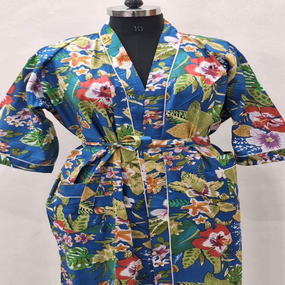 Hand Block Printed Bathrobe - Belt Size: Free Size