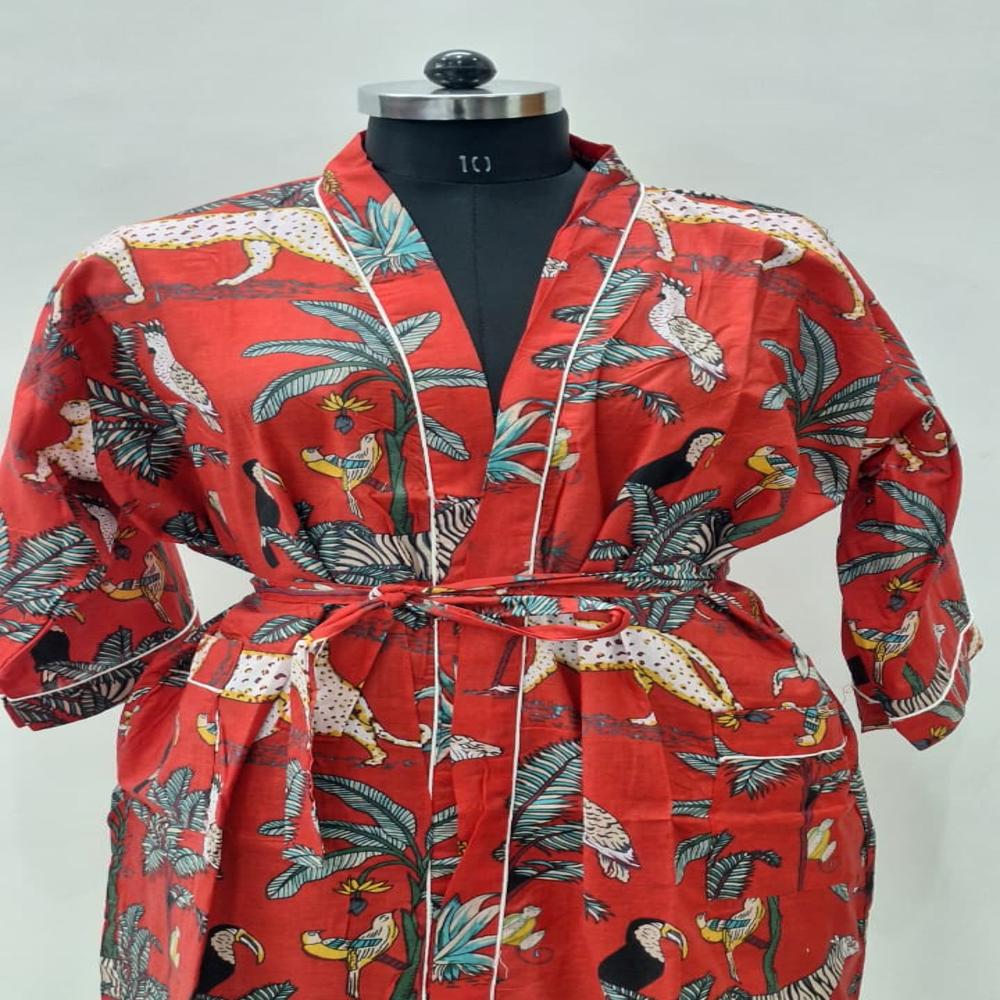 Beautiful Printed Cotton Bathrobe - Belt Size: Free Size