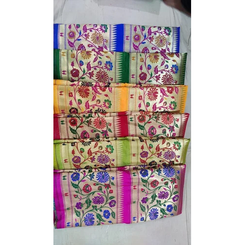 Banarsi Border - Printed Banarsi Fabric, Multicolour Floral Pattern | Shiny, Lightweight Ideal For Apparel And Clothing