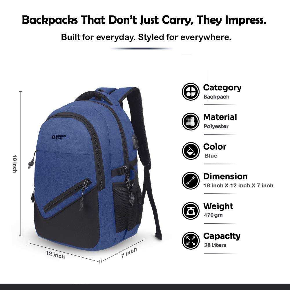 Modern Laptop Backpack with USB Charging Port for Men & Women, Office, College and Daily Use (Blue)