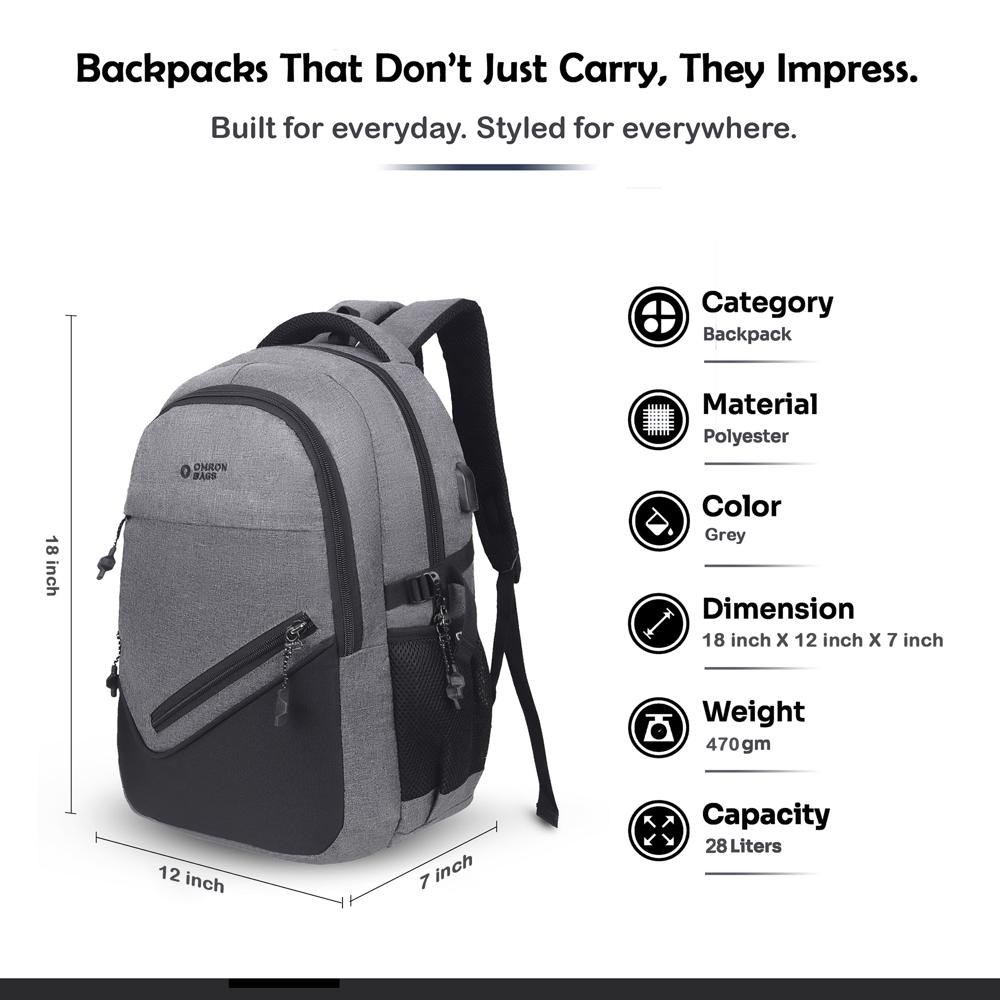 Modern Laptop Backpack with USB Charging Port for Men & Women, Office, College and Daily Use (Grey)