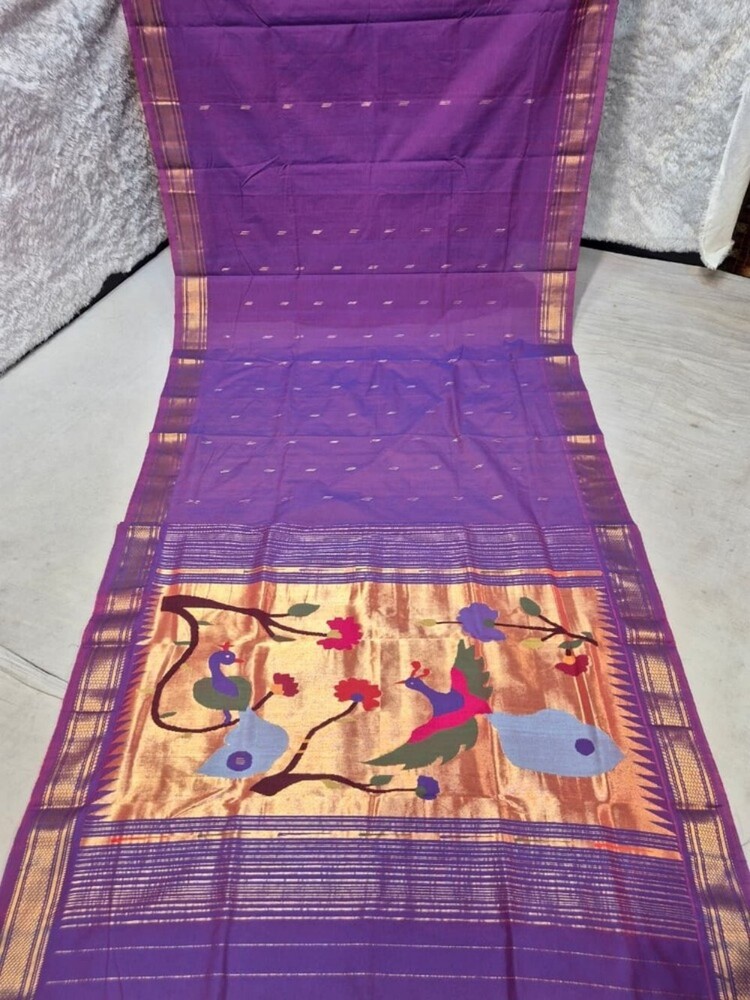 Pure Cotton Silk Yeola Handloom Narali Border Saree - Color: Multicolor