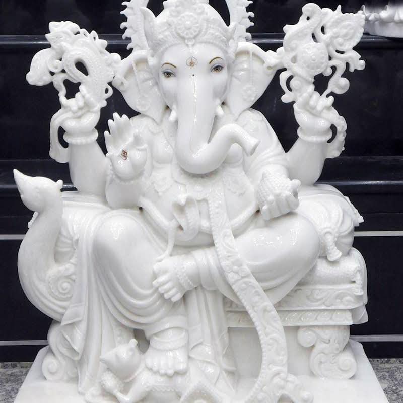 Marble Ganesh Moorti - Hand-carved Makrana White Marble, Customizable 12-36 Inch, Multi-color Detailing | Polished Smooth Finish, Stain And Chip Resistant, Rajasthani Religious Art