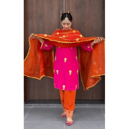 Organza Glass Suit With Crape Bottom Organza Dupatta - Color: Red