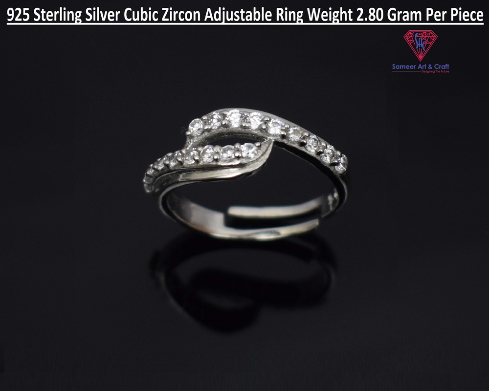 Cubic Zircon Stones Adjustable Ring In 925 Sterling Silver Round Shape