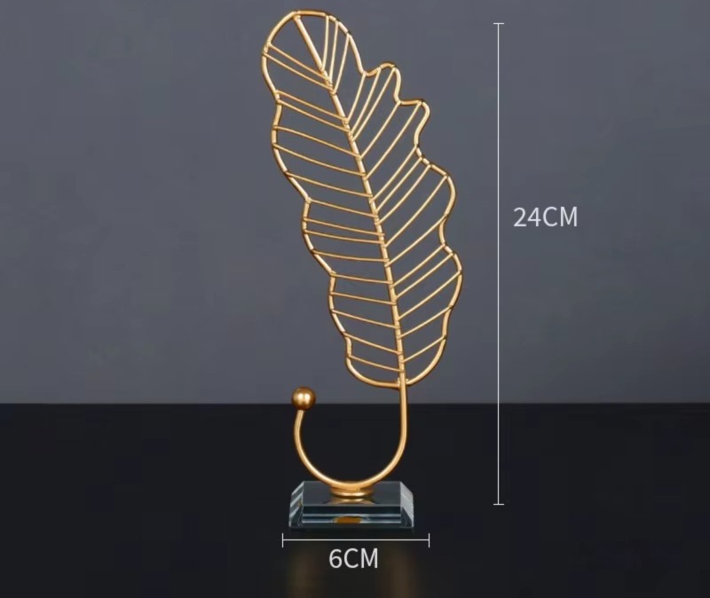 Metal Statue Figurine Bedroom Office Ornaments Cabinet Home Leaves Sculpture Feather - Color: Gold