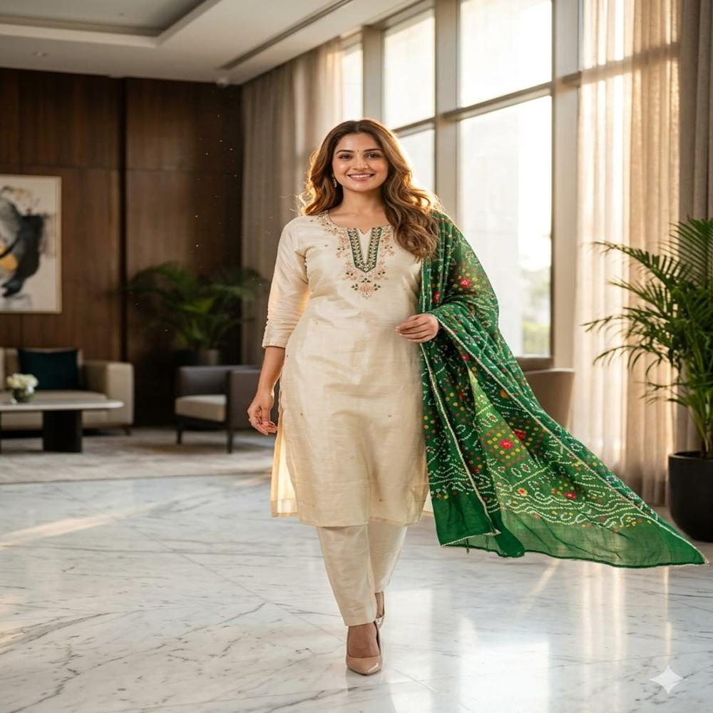 Ladies White Cotton Kurti - Color: Green (Base)