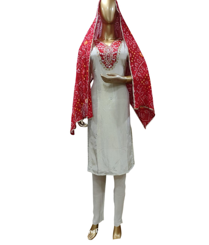 Red And White Cotton Bandhej Kurti Set