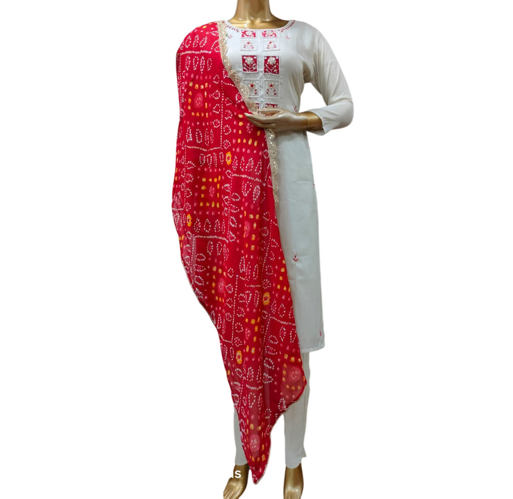 White Bandhani Regular Kurti Set