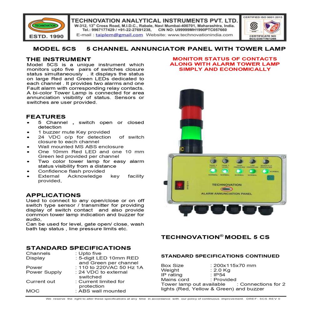 MODEL 5CS - 5 CHANNEL ANNUNCIATOR PANEL WITH TOWER LAMP