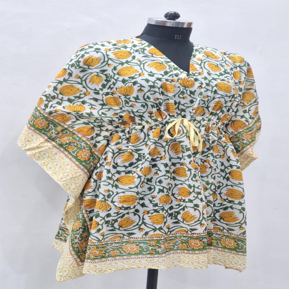 Hand Block Printed Cotton Kaftan - Bust Size: 46 Inch (in)