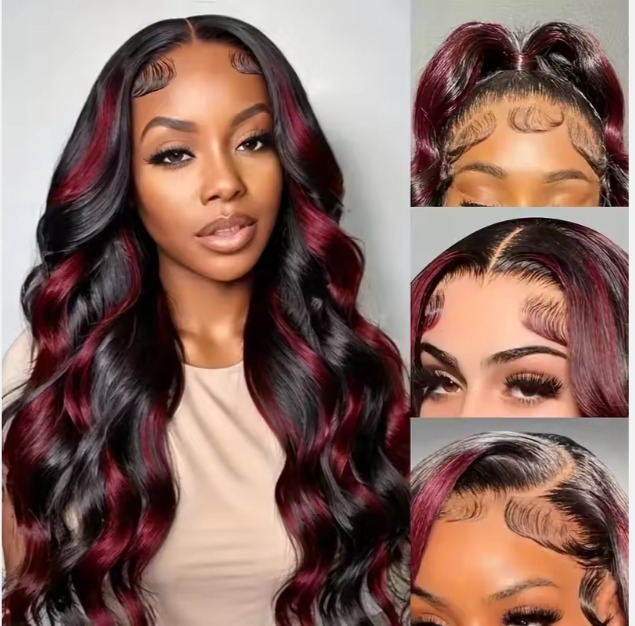 The Devote 18 Inch Rose Red Highlight Body Wave Human Hair Wig | 13x4 Lace Front 99J & Black Wig