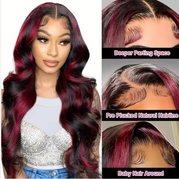 The Devote 18 Inch Rose Red Highlight Body Wave Human Hair Wig | 13x4 Lace Front 99J & Black Wig