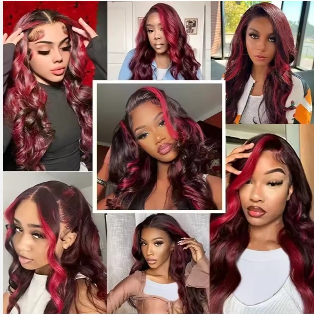 The Devote 18 Inch Rose Red Highlight Body Wave Human Hair Wig | 13x4 Lace Front 99J & Black Wig