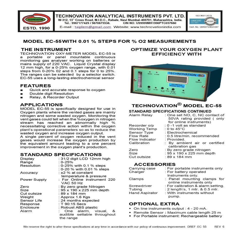 Ec-55 Oxygen Analyzer - Dimension (L*w*h): 95*190*225 Inch (In)