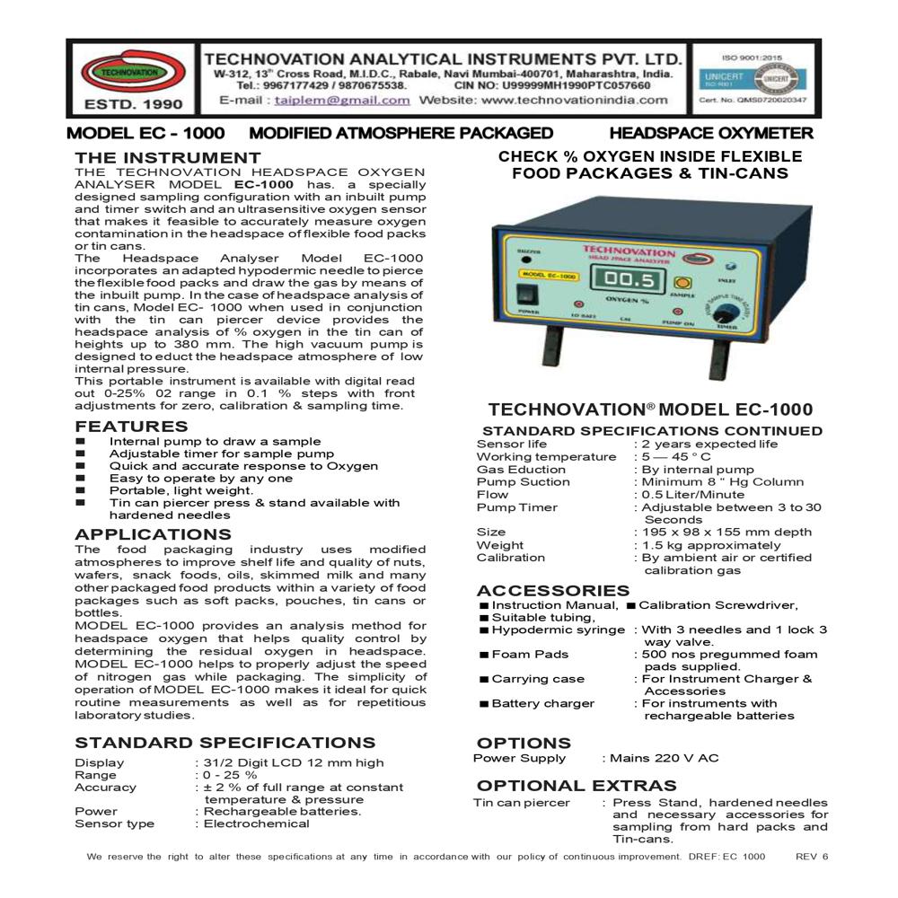 Ec 1000-headspace Oximeter Analyzer - Accuracy: +-2%
