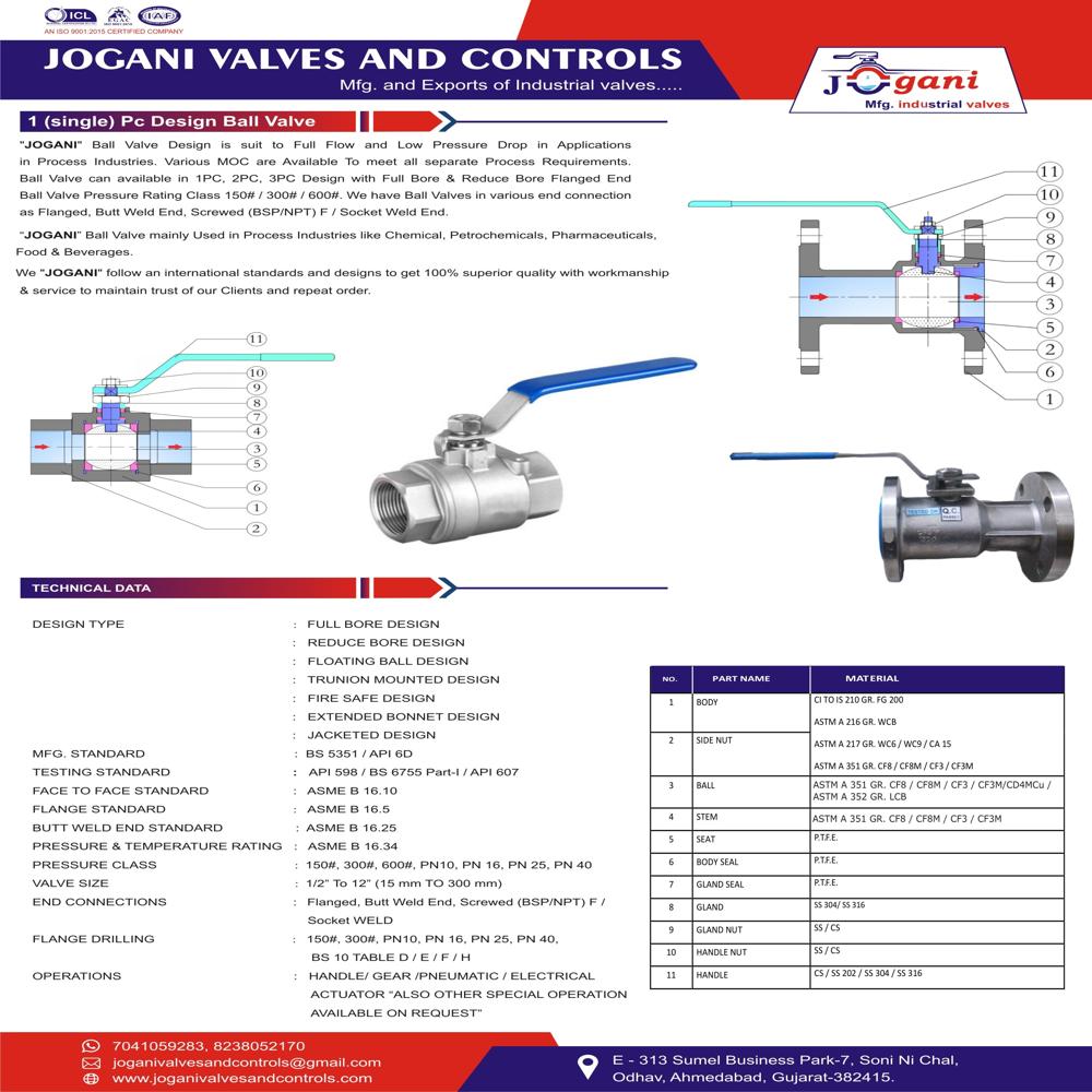 One PC Design Ball Valve