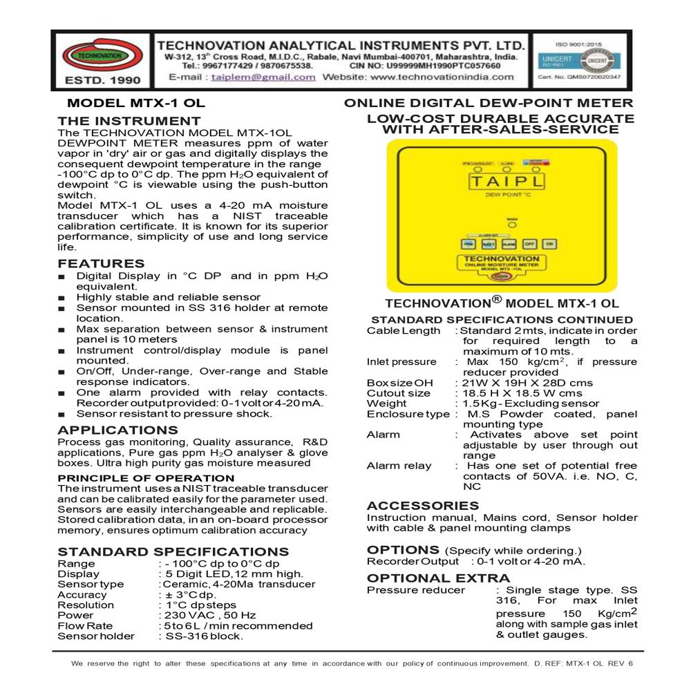 MTX -1O-Online Dew Point Meter