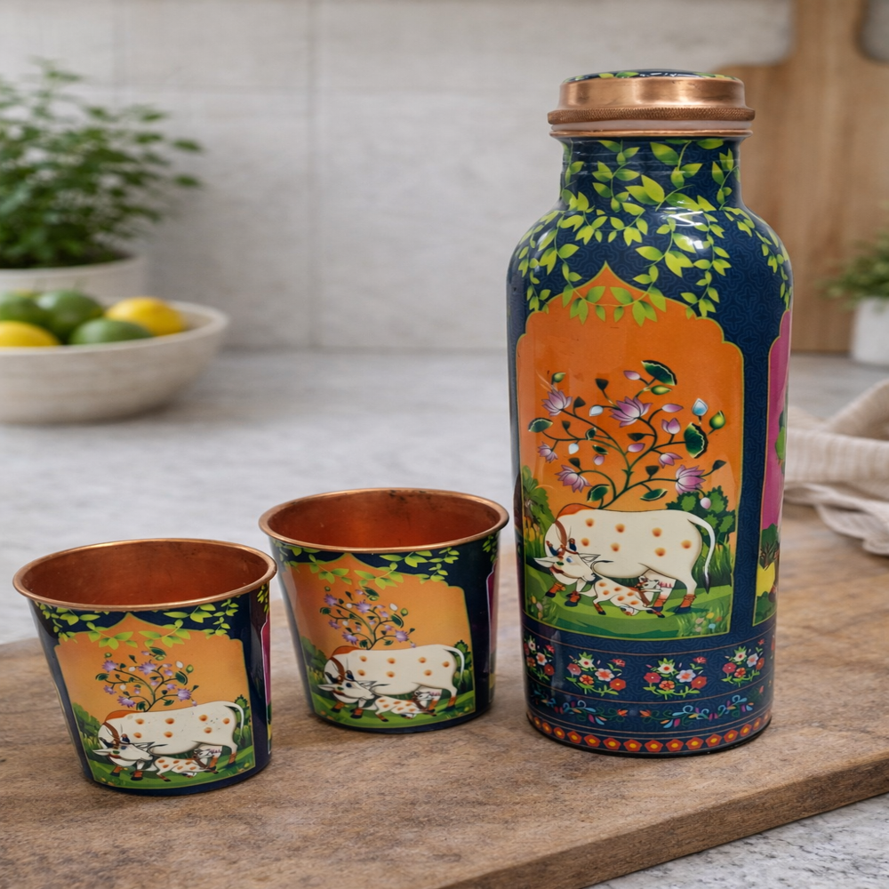 Spiritual Soul Meenakari Copper Bottle With 2 Glass Set Wedding Marriage Birthday Event Return Gift - Color: Multicolor