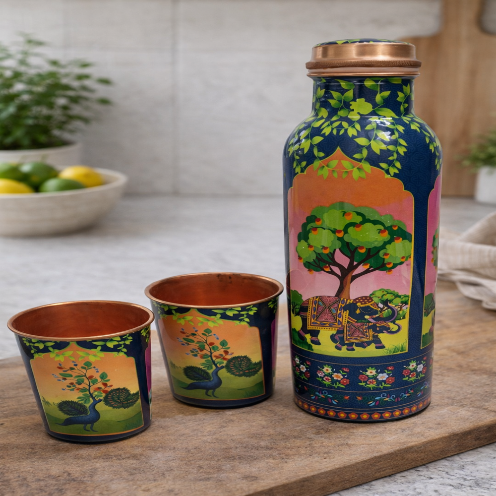 Spiritual Soul Meenakari Copper Bottle with 2 Glass Set Wedding Marriage Birthday Event Return GIft