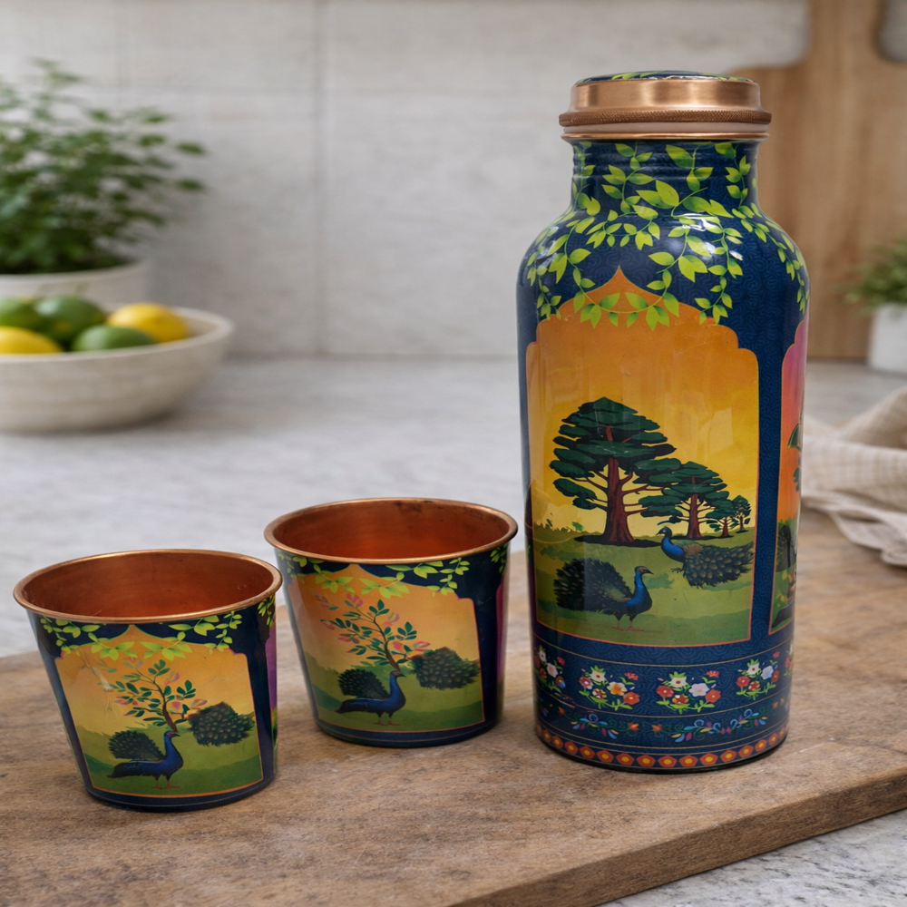 Spiritual Soul Meenakari Copper Bottle with 2 Glass Set Wedding Marriage Birthday Event Return GIft