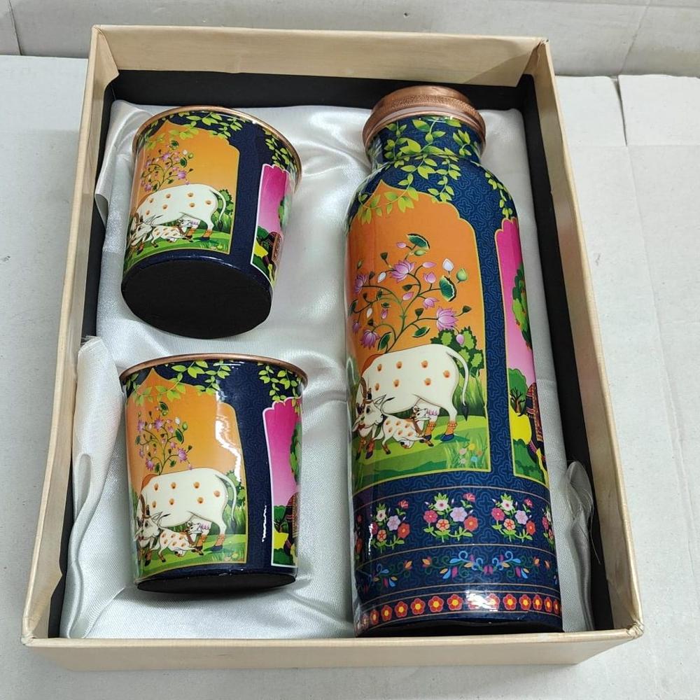 Spiritual Soul Meenakari Copper Bottle with 2 Glass Set Wedding Marriage Birthday Event Return GIft