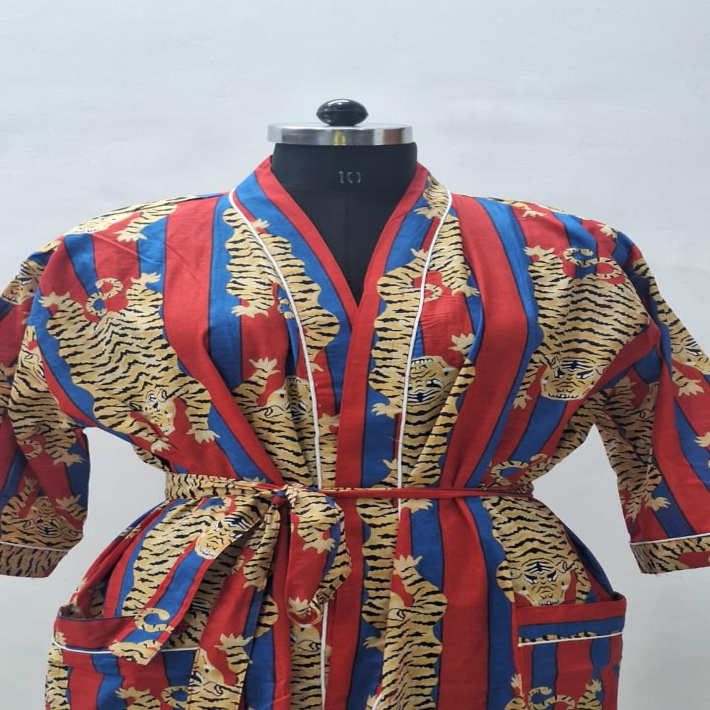 Beautiful Hand Block Printed Cotton Bathrobe - Belt Size: Free Size