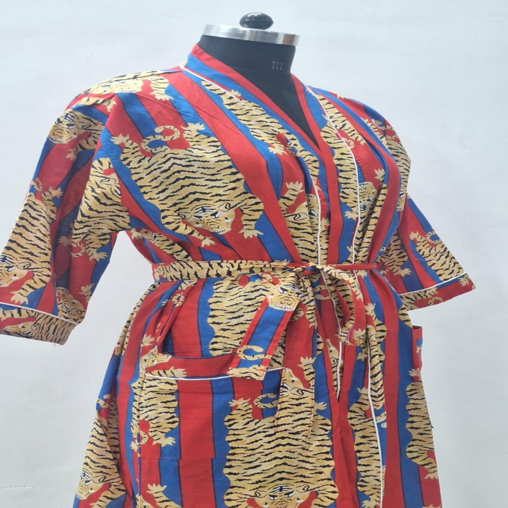 Beautiful Hand Block Printed Cotton Bathrobe - Belt Size: Free Size