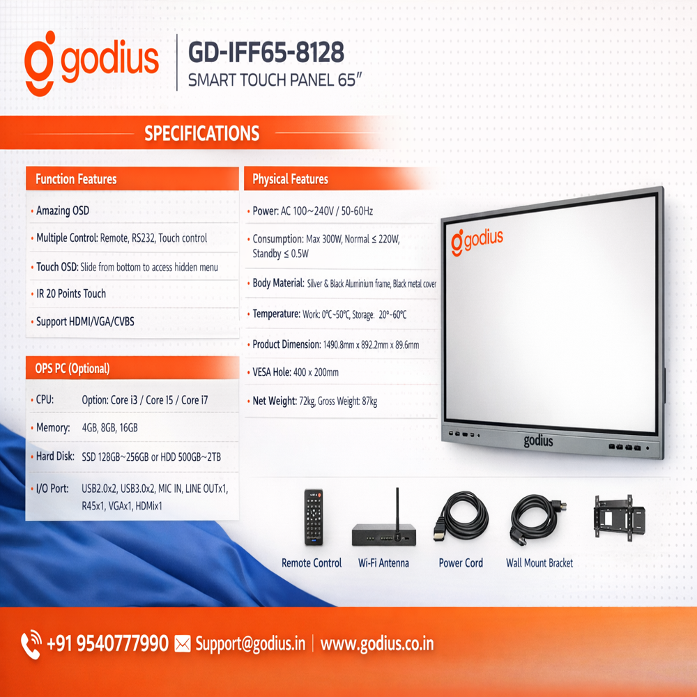 65 Inch Interactive Flat Panel Display Ifpd - Color: White