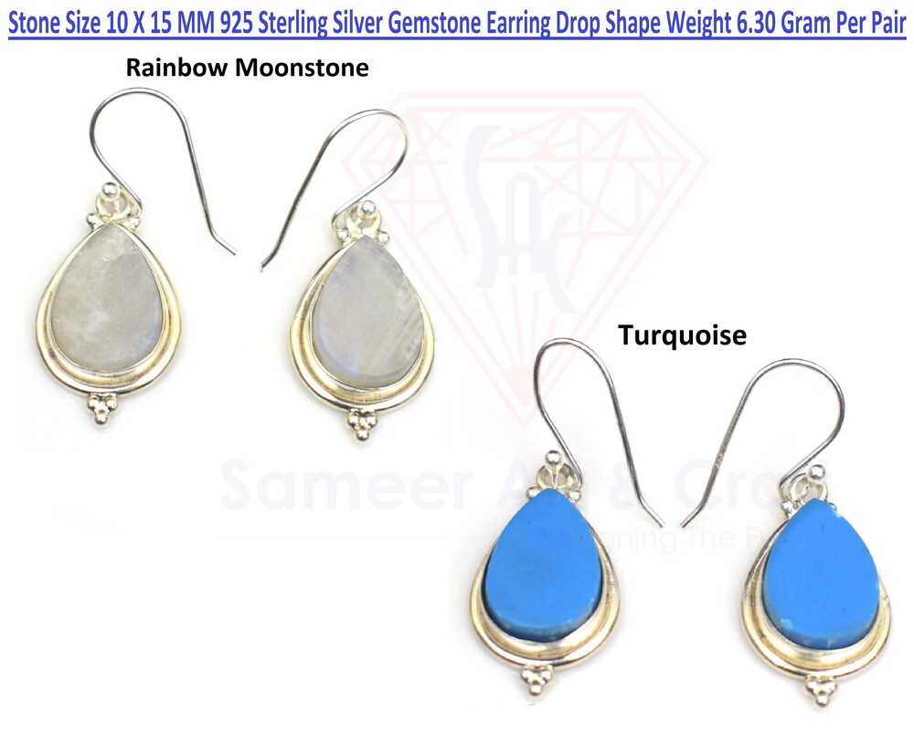 925 Sterling Silver Natural Gemstone Earring Rhodium Plated Drop Shape
