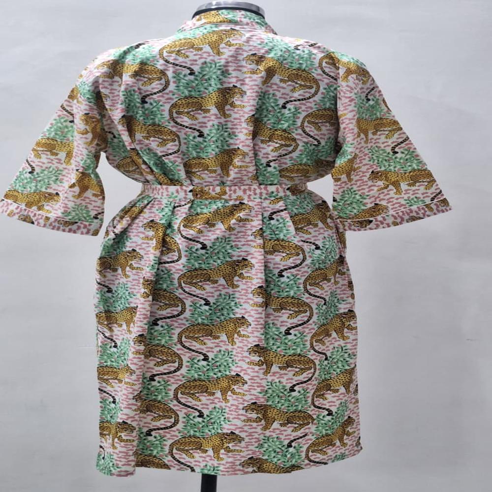 Block Printed Cotton Bathrobe - Belt Size: Free Size