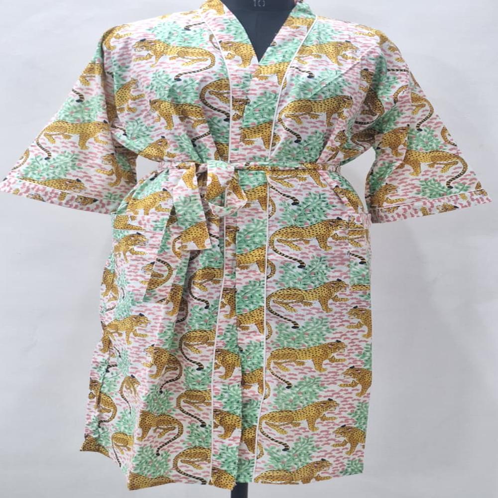 Block Printed Cotton Bathrobe - Belt Size: Free Size