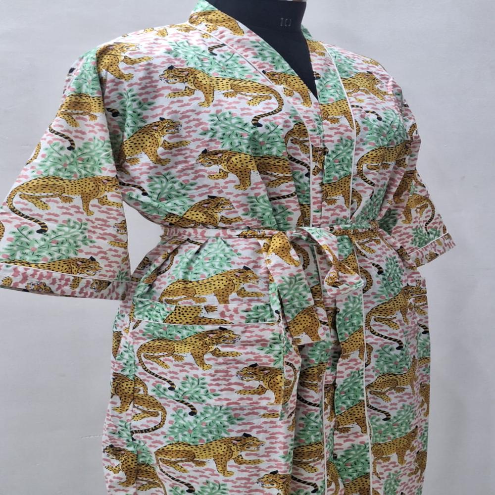 Block Printed Cotton Bathrobe - Belt Size: Free Size
