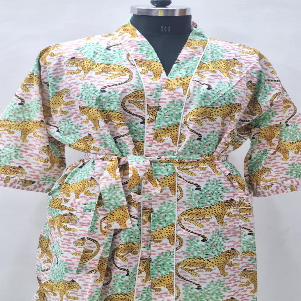 Block Printed Cotton Bathrobe - Belt Size: Free Size