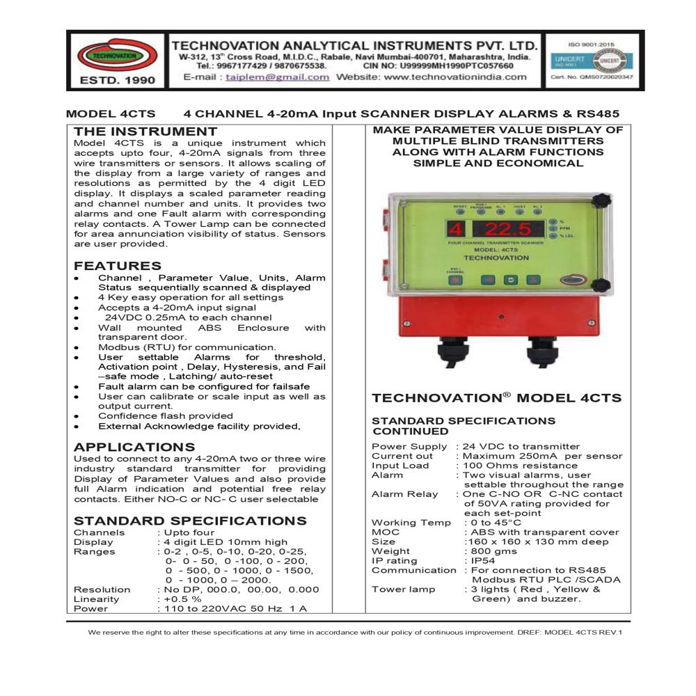 4CTS 4 CHANNEL 4-20mA SOURCED SCANNER DISPLAY ALARMS