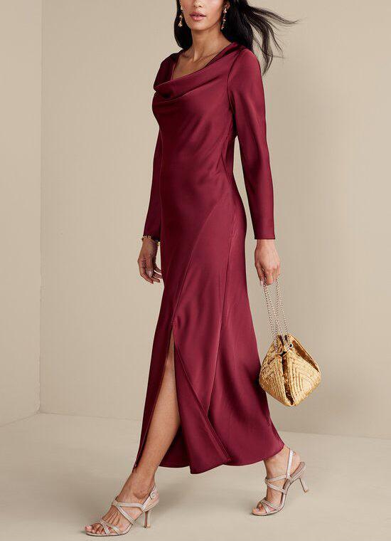 Export Surplus Womens Maroon Cowl Neck Full Sleeve Long Dress - Color: Mehroon