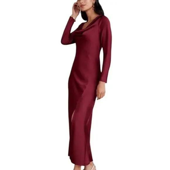Export Surplus Womens Maroon Cowl Neck Full Sleeve Long Dress 