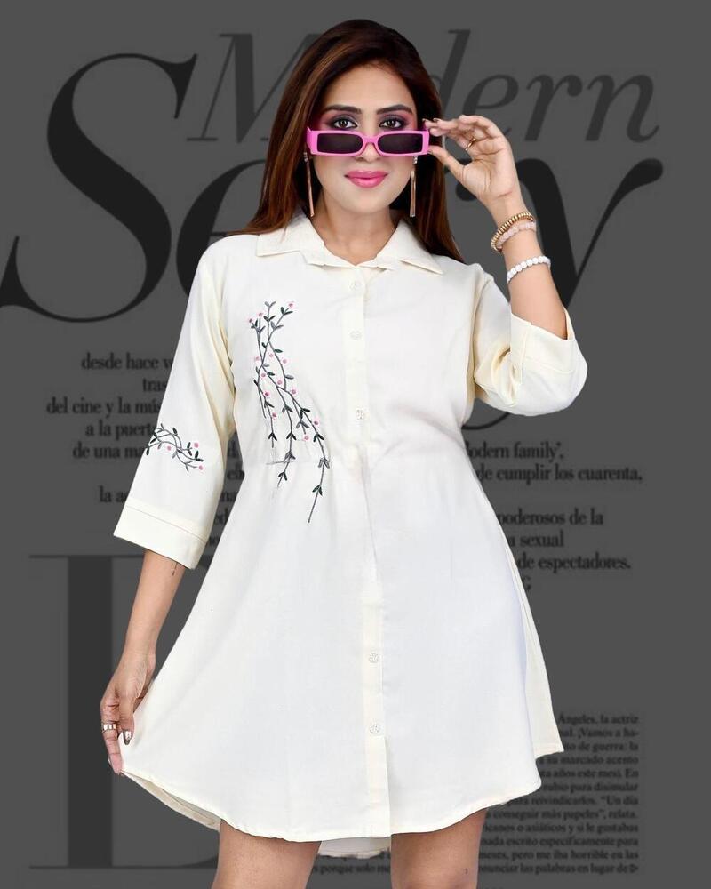 Embroidered Flower Long Middy Top With Dori