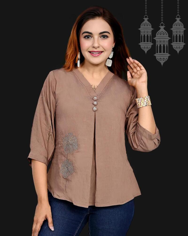 Embroidered Flower Crush Plain Top With Stone Work